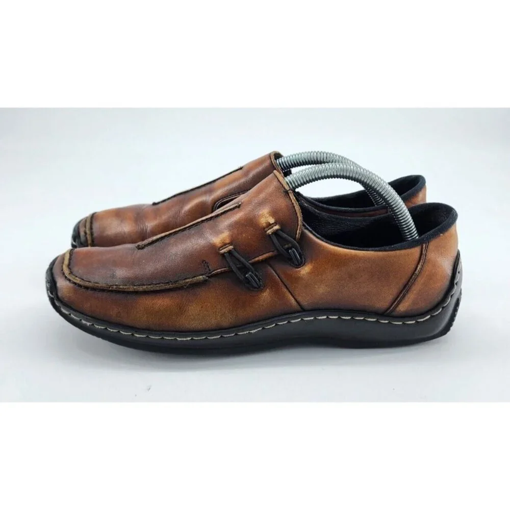 Rieker Women's Celia Square Toe Slip On Loafer Comfort Shoes Brown Leather Sz 39